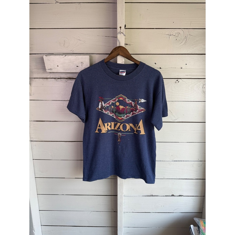 Vintage Miller Arizona T Shirt Blue Micro Stripe Waffle Knit Graphic Tee USA M